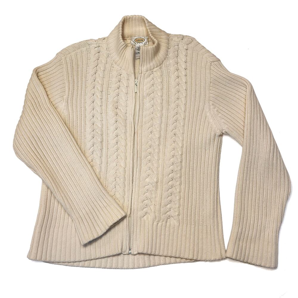 Talbots Womens LP Vintage Ivory Cable Knit Full Zip Sweater Cardigan 100% cotton